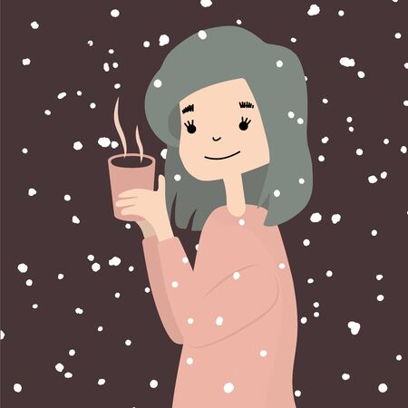 portrait of cute winter cartoon girl with coffee cupのイラスト素材