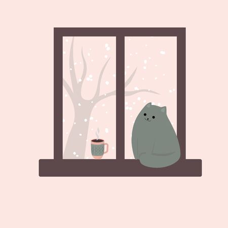 Cute cat by the window and hot coffee tea cacao. Cozy winter. Illustration in cartoon style.のイラスト素材