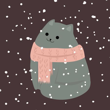 Winter cat in scarf with snowflakes cozy winter timeのイラスト素材