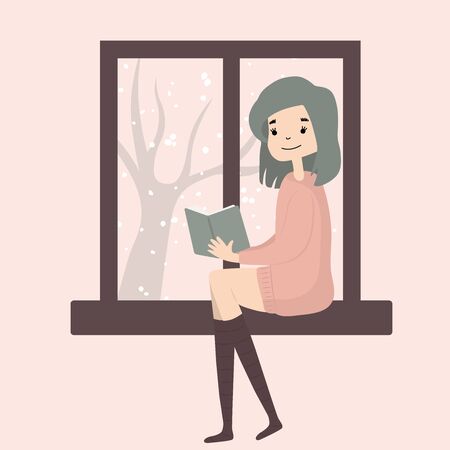 Cute girl sitting with cat by the window and reading. Cozy winter. Illustration in cartoon style.のイラスト素材