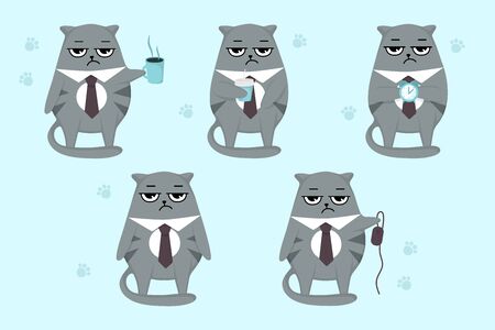 Grumpy cat boss with cup, clock.Cartoom business funny set.のイラスト素材