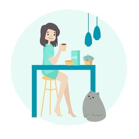 Girl sitting at table having breakfast or lunch. Drinking coffee. Daily Routine Activities. Life with cat.Vector flatのイラスト素材