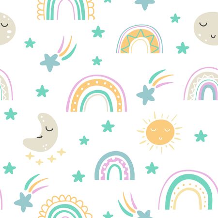 Cute kids rainbow seamless scandinavian pattern with hand drawn rainbows. Simple doodle elements in pastel colors.のイラスト素材