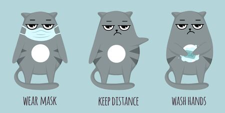 2019-nCoV covid-19 virus protection tips. Vector illustration with cat character. Coronovirus healtcare and medicine conceptのイラスト素材