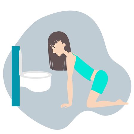 Young woman character with vomiting due to bulimia. Food addiction concept. Disosrder and depression.Anorexia, bulimiaのイラスト素材