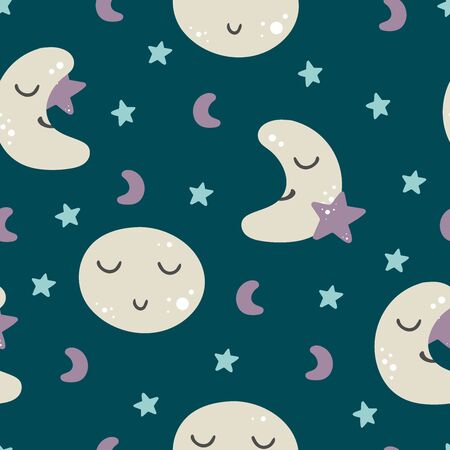 Seamless pattern moon stars in blue and lilac colors kidsのイラスト素材