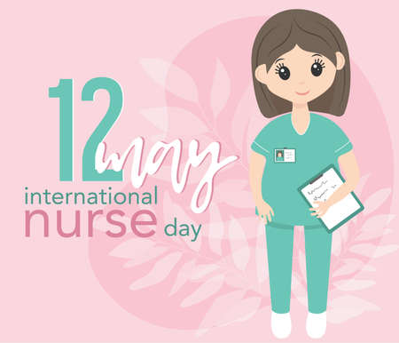 International nurse day 12 may. Happy female nurse in uniform. Pink and mint colors. Card format with lettering.のイラスト素材
