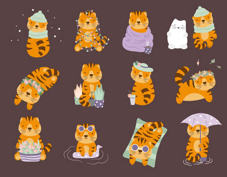 Set of 12 cute cartoon vector tigers in different seasons winter, spring, summer, autumn, fall. Funny character for childs production,stickers,posters.のイラスト素材