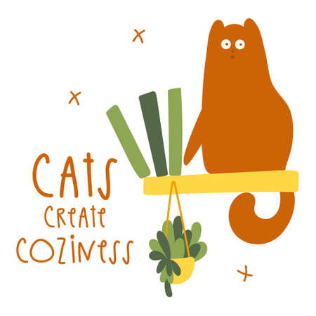 Red fanny cat character throws the book off the shelf Vector character cute kitten. Cozy home with plants and cat. Cartoon Animals Vector Illustration lettering cats create cozinessのイラスト素材