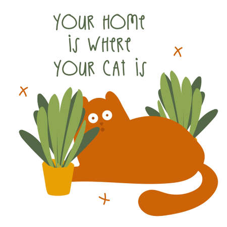 Red fanny cat character and plants. Vector character cute kitten. Cozy home with plants and cat. Cartoon Animals Lettering your home is where your cat is Vector Illustrationのイラスト素材