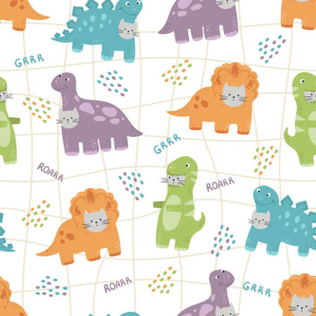 Funny cats in suits of dinosaurs. Colorful kids seamless pattern with kittens and dino. White backround. Cartoon fabric kidsのイラスト素材