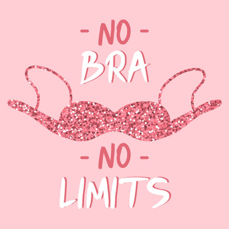 No Bra Day 13 october card. Lettering with glitter bra. Concept of freedom, fire power, feminism, bodypositive. Design for prints, banners, posters, pins, social media. Vector illustration.のイラスト素材