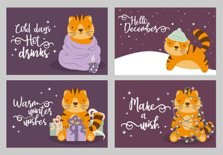 Set winter holiday greeting cards. Postcards with cartoon tigers and lettering. Vector design ready for print.のイラスト素材