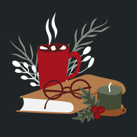 Winter happy holidays. Cozy Hygge vector collection in red and green colors. Hot drinks, and book. Greeting postcards. Premade Compositions.のイラスト素材