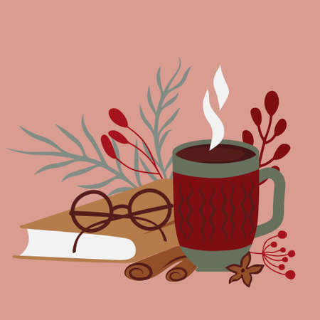 Winter happy holidays. Cozy Hygge vector collection in red and green colors. Hot drinks, and book. Greeting postcards. Premade Compositions.のイラスト素材