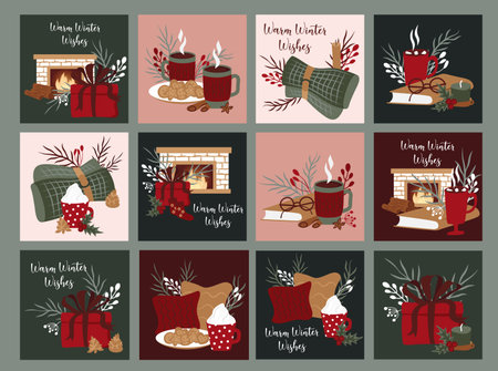 Winter happy holidays bundle set. Cozy vector collection in red and green colors. Greeting postcards. Cute Hygge style.のイラスト素材