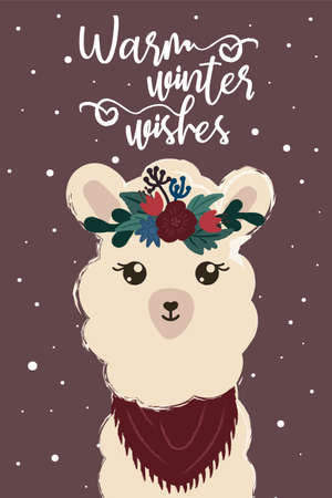 Holiday card with cute cartoon llama and slogan. Alpaca wearing floers wrath and scarf with snowflakes back. Vector, isolated. Warm winter wishes. Hand drawn illustrationのイラスト素材