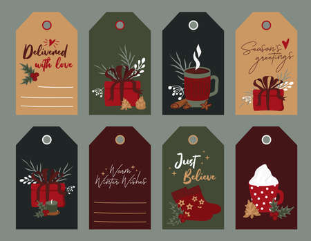 Gift labels vector. Winter happy holidays set. Cozy collection in red and green colors. Cute Hygge style.のイラスト素材