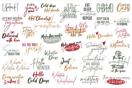 Winter lettering quotes typography prints. Big set of slogans. Hand drawn printable. Christmas Bundle for posters, postcards, printsのイラスト素材