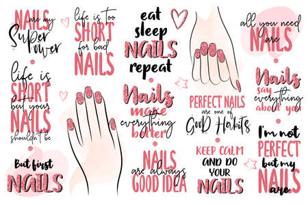 Inspiration lettering quotes about nail and manicure. Woman hands. Pink colors with glitter. For nail bars, beauty salons, manicurist, printing production, social media.のイラスト素材
