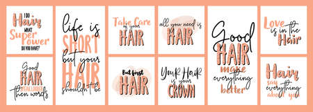 Inspiration lettering quotes about hair and hairstyle. Peach color with glitter. For hairdressers, beauty salons, stylists, printing production, social media.のイラスト素材
