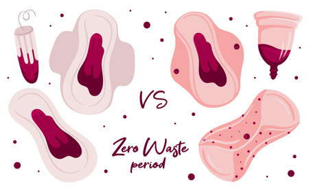 Zero waste Menstruation Period vs usual tampons and pads. Menstrual cup and reusable pad. vector illustration. Reusable eco friendly concept.のイラスト素材