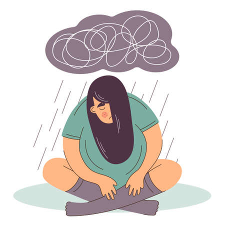 Woman suffers from depression mental health diseases. Sitting under rain cloud with heavy thoughts.のイラスト素材