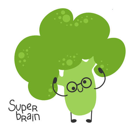 Broccoli cartoon character wearing glasses. Funny and cute vegetable. Genius smart brainiac.のイラスト素材
