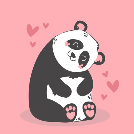 Cute funny cartoon panda in love. Animals character with hearts. Valentine day romantic drawing. kids baby designのイラスト素材