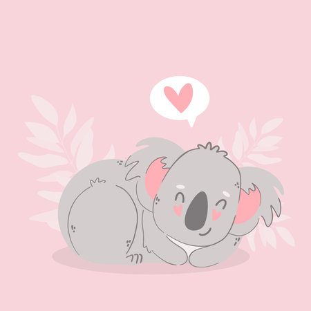 Cute funny cartoon Koala in love. Animals character with hearts. Valentine day romantic drawing. kids baby designのイラスト素材