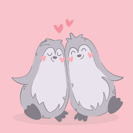 Cute cartoon penguin couple in love. Animals character with hearts. Valentine day romantic drawing. Kids baby design.のイラスト素材