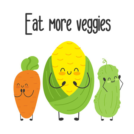 Cute funny characters isolated. Vegan slogan motivation. Eat veggies plants. Healthy lifestyle.のイラスト素材