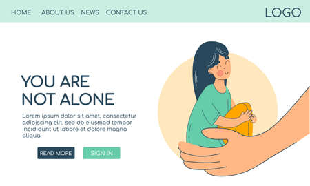 Care, compassion, protection and support concept. Web template banner landing page. Girl sitting in hands hands hug girl vector isolated flat character. Help to others, caring for others, support.のイラスト素材