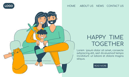 Web template website design banner. Father mother and son with cat together landing page. Sitting on sofa hug and smiling. Happy time toghether poster for webのイラスト素材