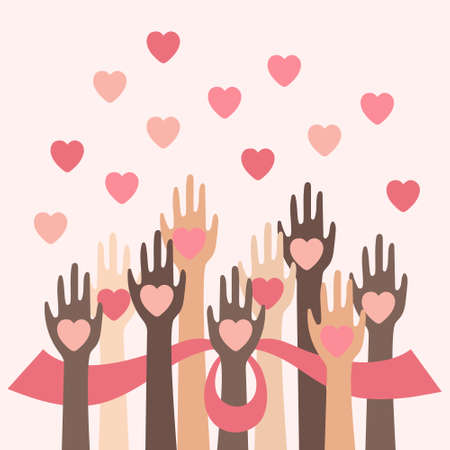 Multicultural hands in the air with hearts. Support and unity concept. Vector flat illustration isolated on white background.のイラスト素材