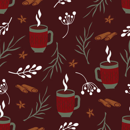 Winter happy holidays Cozy seamless pattern vector in red and green colors. Cute Hygge style.のイラスト素材