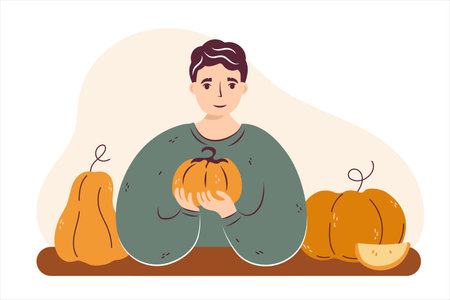 Autumn cute man with pumpkin. Man sitting and holding pumpkin. Cozy fall vector illustration for Happy Thanksgiving or Halloween. Harvest farm character with agriculture vegetables. Isolatedのイラスト素材