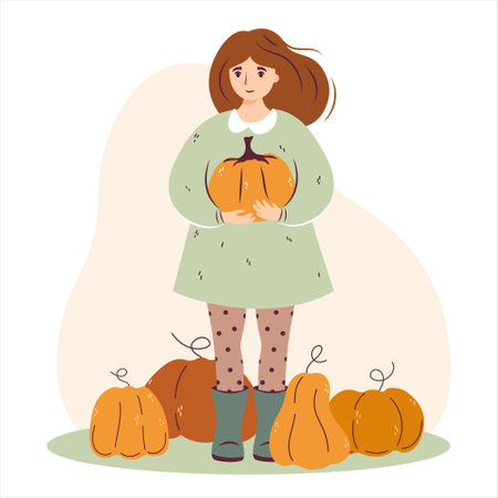 Autumn cute lady with pumpkin. Woman holding pumpkin. Cozy fall vector illustration for Happy Thanksgiving or Halloween. Harvest farm character girl with agriculture vegetables. Isolatedのイラスト素材