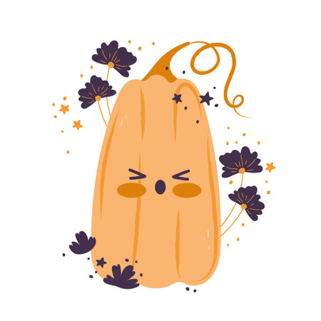 Pumpkin card with cartoon character with leaves and flowers. Pumpkin isolated vector composition for autumn fall, agricultural harvest, Thanksgiving or Halloween designsのイラスト素材