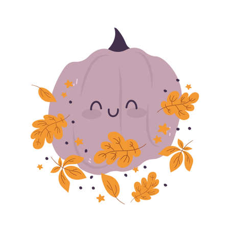 Pumpkin card with cartoon character with leaves and flowers. Pumpkin isolated vector composition for autumn fall, agricultural harvest, Thanksgiving or Halloween designsのイラスト素材