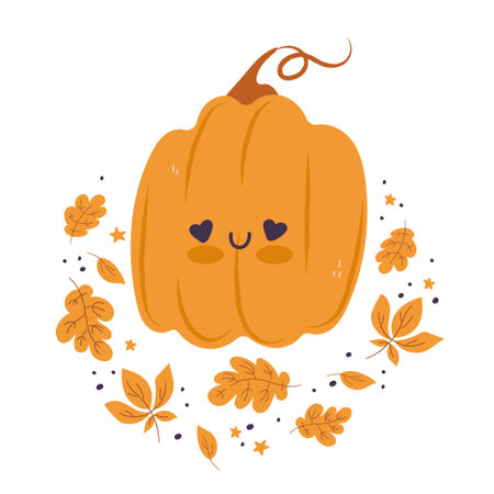Pumpkin card with cartoon character with leaves and flowers. Pumpkin isolated vector composition for autumn fall, agricultural harvest, Thanksgiving or Halloween designsのイラスト素材