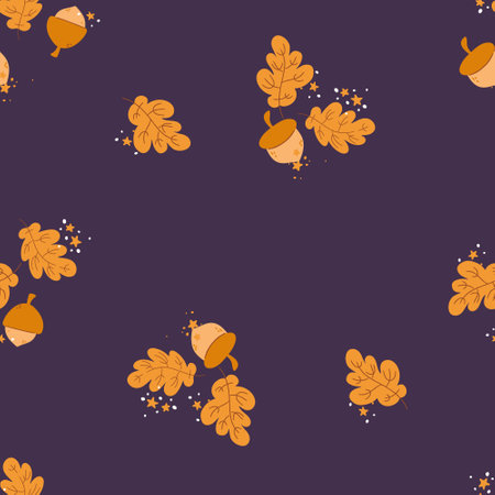 Seamless autumn pattern with acorns and leaves simple style limited Pallete. Vector pattern on white background perfect for fabric, invitations, posters, printingのイラスト素材