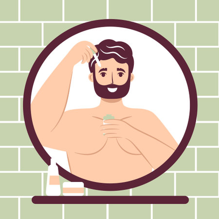 Skincare routine concept. Close up mirror reflection happy young man applying serum to his face with a dropper Serum Treatment, handsome bearded male enjoying skincare procedure. Men hygieneのイラスト素材