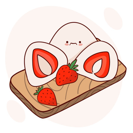 Draw cute kawaii Japan tradition sweet mochi daifuku vector illustration. Japanese asian traditional food, cooking, menu concept. Doodle cartoon style.のイラスト素材