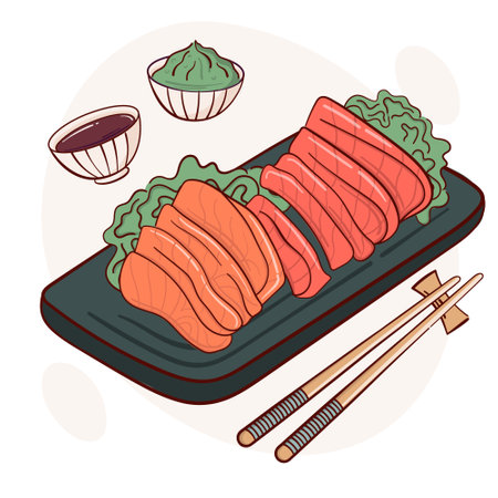 Draw sashimi raw fish vector illustration. Japanese asian traditional food, cooking, menu concept. Doodle cartoon style.のイラスト素材