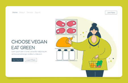 Web app landing happy woman chooses veganism and vegetables. Concept vegetarian diet girl with a basket full of fruits and vegetables in the supermarket refuses meat and milk .のイラスト素材