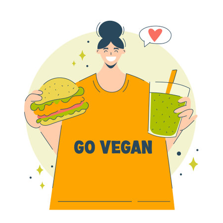 A happy woman chooses veganism and vegetables. Vegetarian delicious food concept girl eating yammy vegan burger and smoothieのイラスト素材