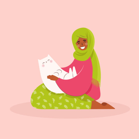 Happy muslim arabic woman with cat . Female holding cat on knees and petting it. Pet ownership, pet parent. Happy Mew Year and cats day. Vector illustration.のイラスト素材