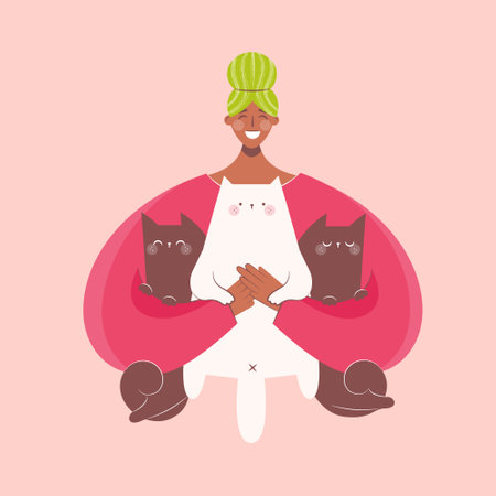Happy black woman holding cats. Pet ownership, pet parent. Happy Mew Year and cats day. Adopt cats and make them happy. Vector illustration.のイラスト素材