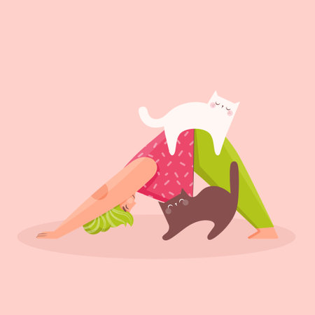 Young woman practicing yoga exercise with her cats. Cat bothers. Life with cat. Pet ownership, pet parent. International Yoga Day.Vector illustrationのイラスト素材